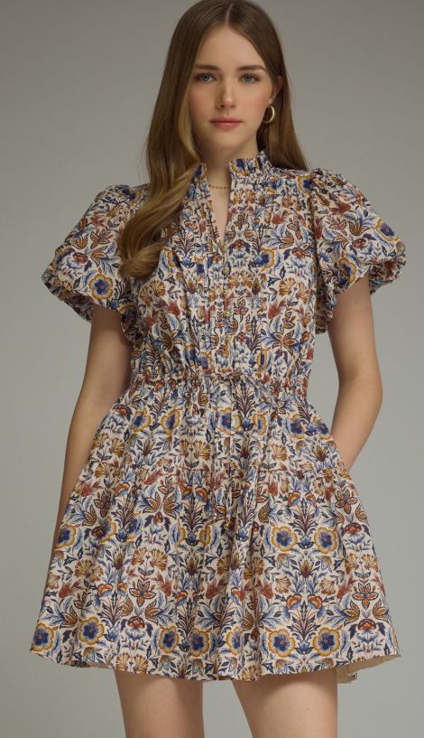 S/S Fall Floral Mini Dress, Color: Ecru, Size: Small