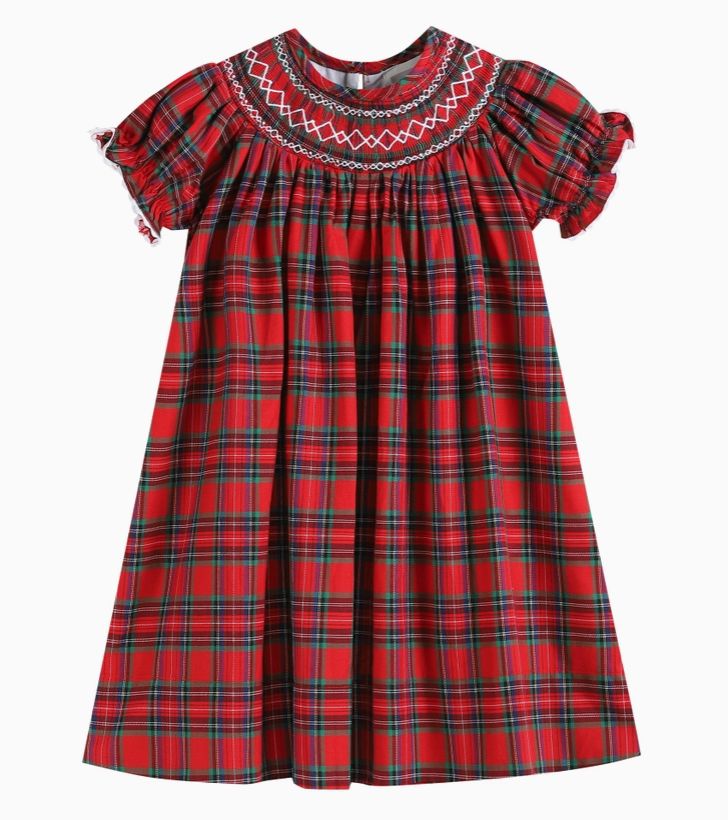 Christmas Plaid Smocked Bishop Dress, Color: Red, Size: 6-12 mos