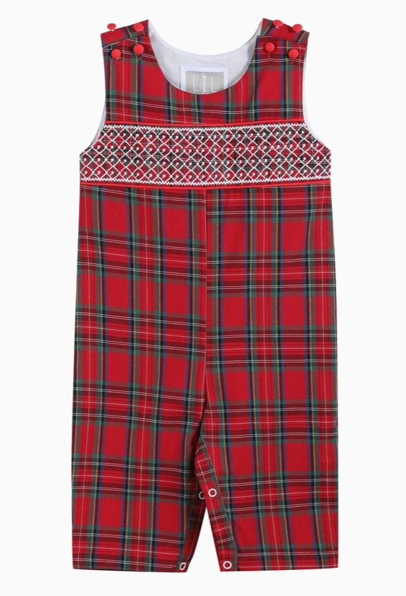 Christmas Plaid Smocked Overalls, Color: Red/Green, Size: 3-6 mo