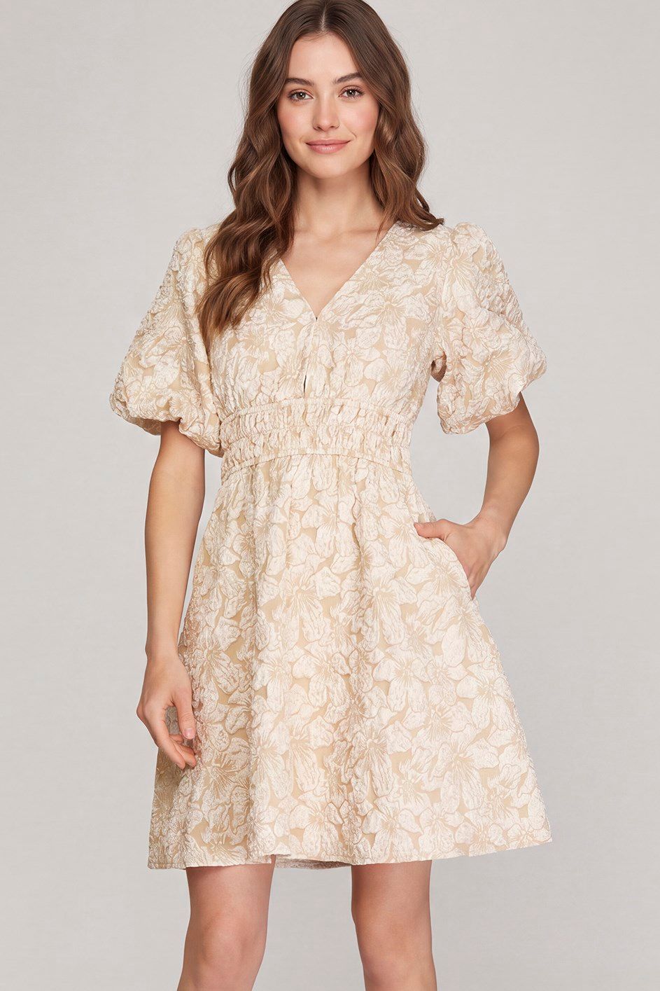 Floral Pattern S/S Dress, Color: Champagne, Size: Small
