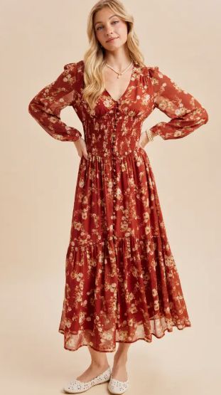 Smocked Floral Maxi Dress, Color: Burnt Ginger, Size: Small