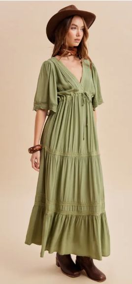 Lace Trim Maxi Dress, Color: Eucalyptus, Size: Small
