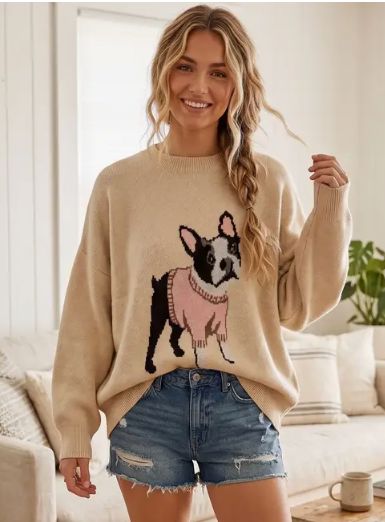 French Bulldog Oversized Sweater, Color: Oatmeal, Size: Small