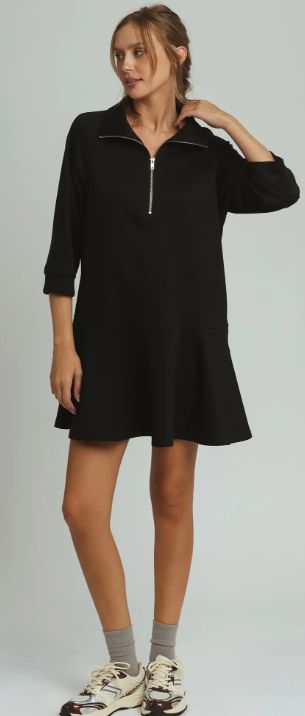 Flare Dress 3/4 Sleeve, Color: Black, Size: Small
