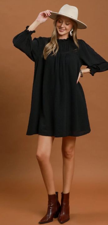Swiss Dot Ruffle Neck Dress, Color: Black, Size: Small