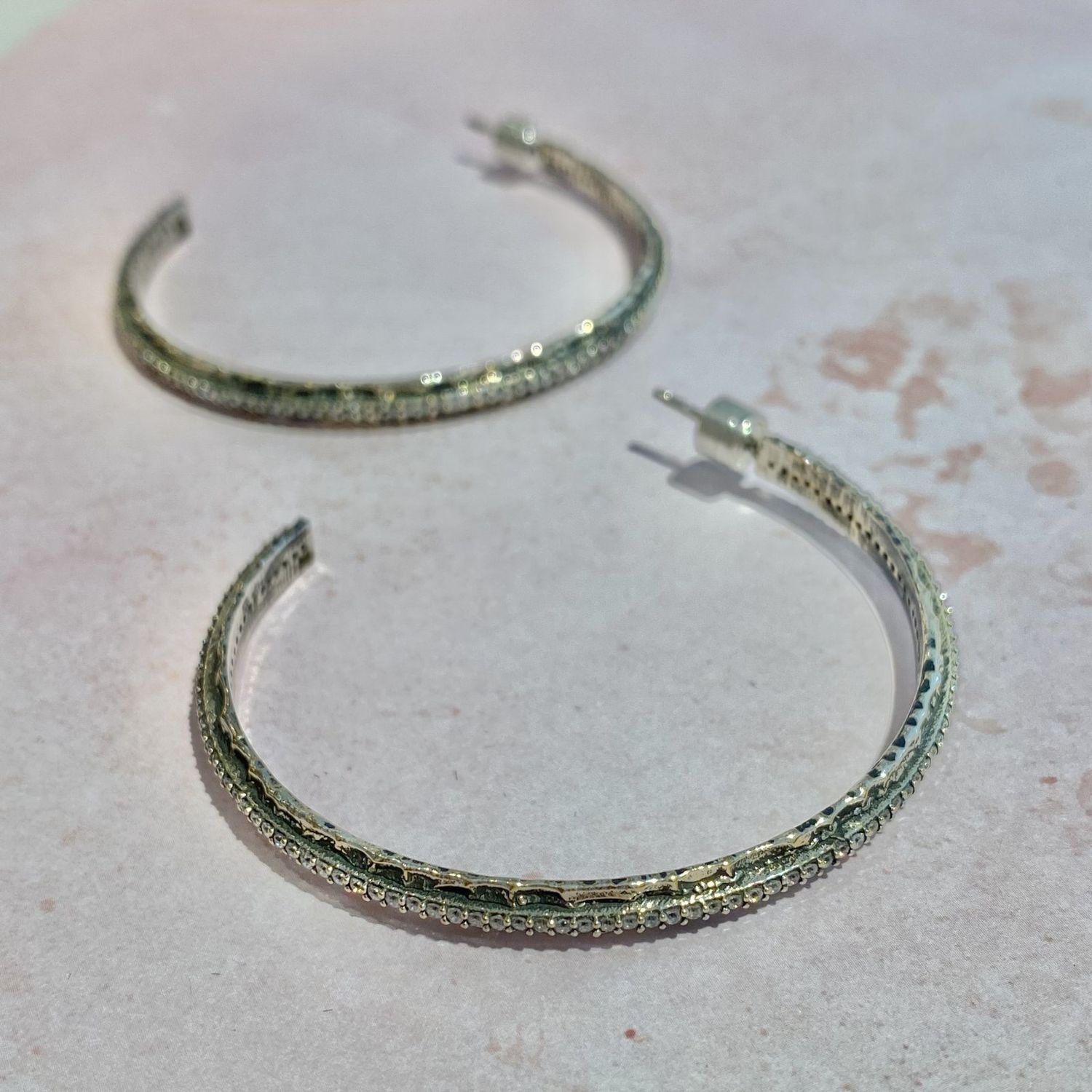 Silver Crystal Thin Hoop Earrings 2&quot;