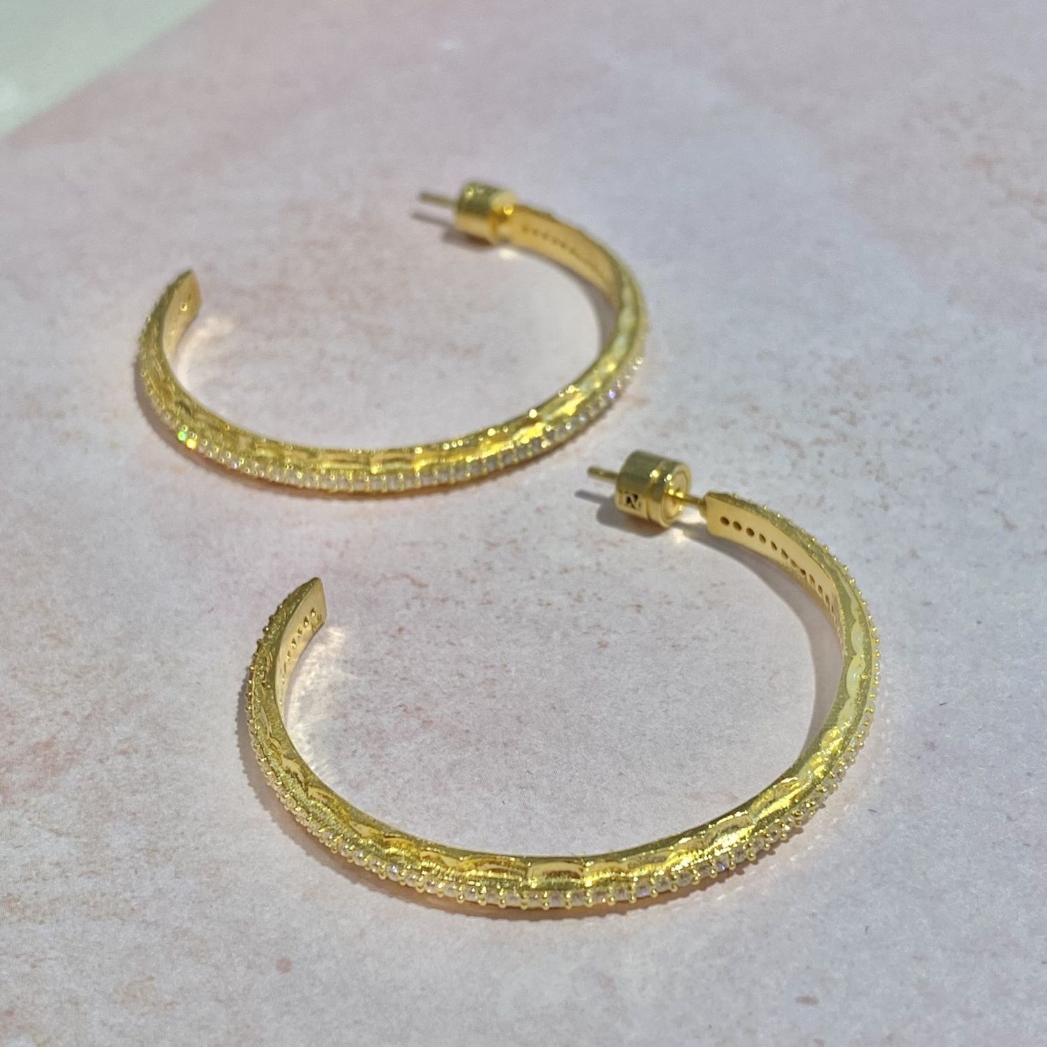 Gold Crystal Thin Hoop Earrings 1.5&quot;