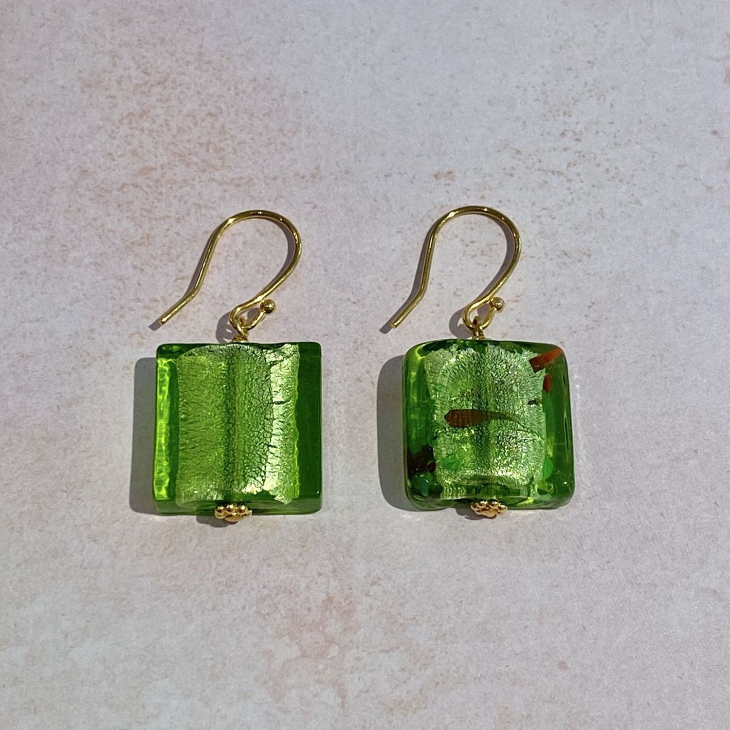 Green Italian Murano Glass and Gold Earrings