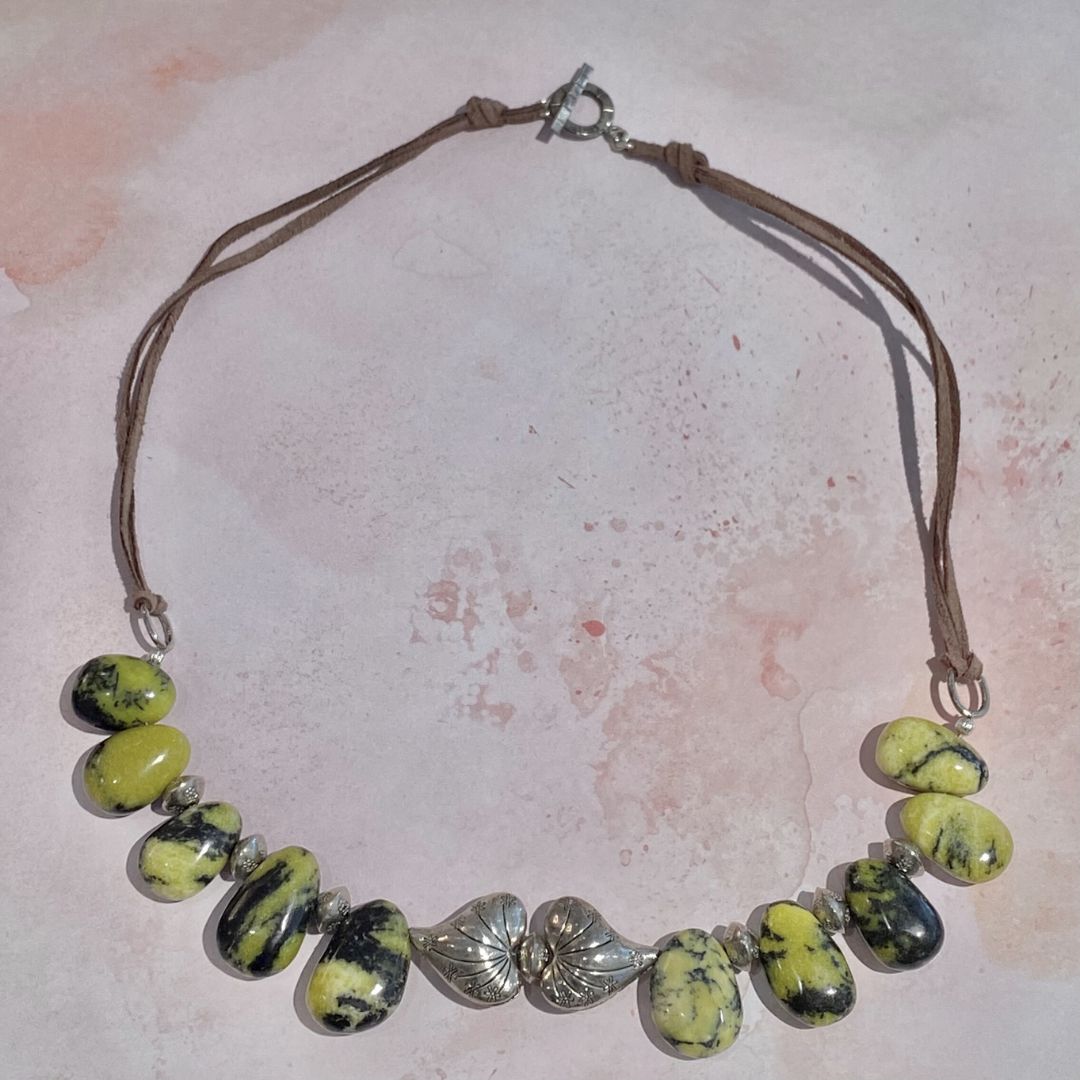 Green Stone and Leather Necklace with Sterling Silver Accents