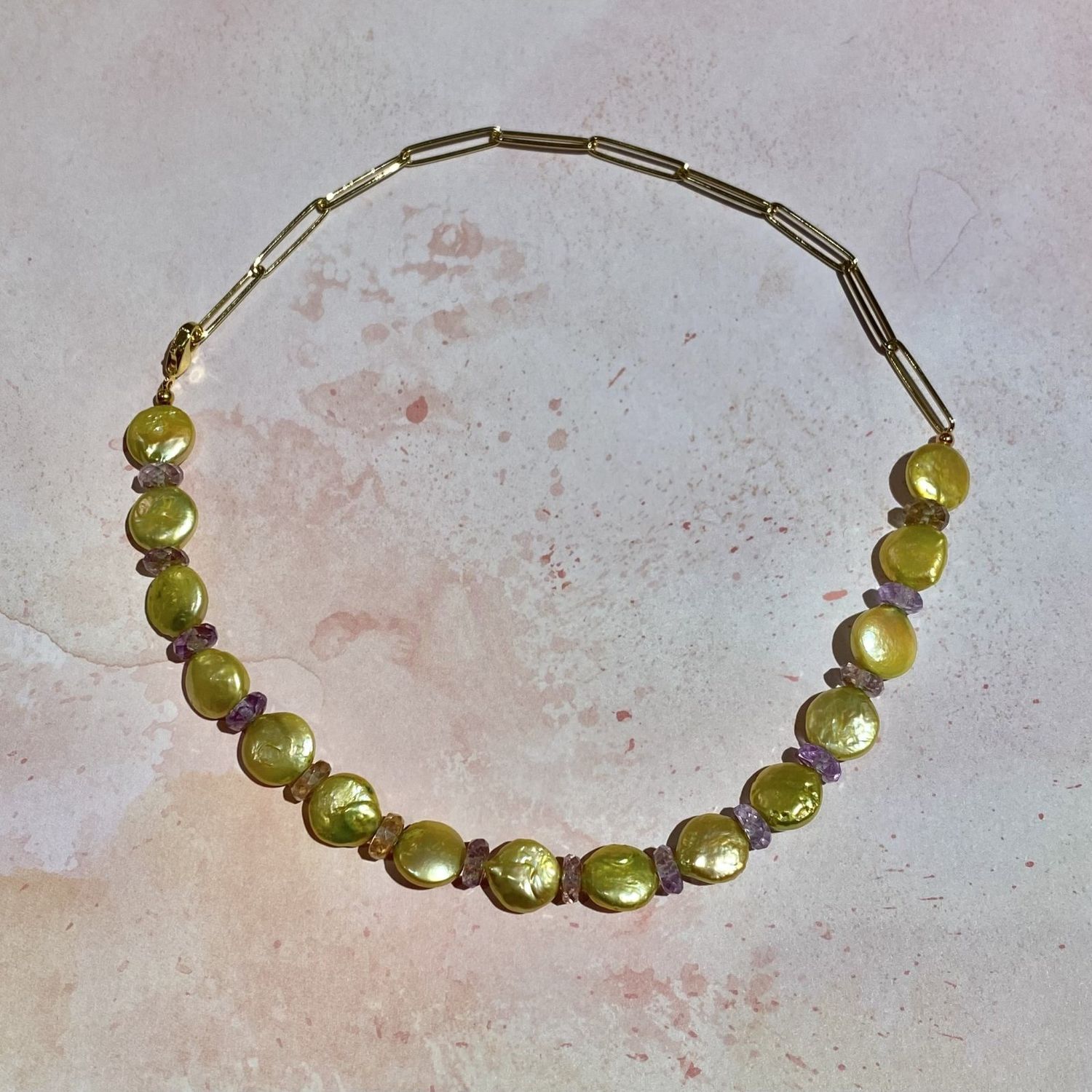 Yellow Coin Pearl &amp; Amethyst Necklace