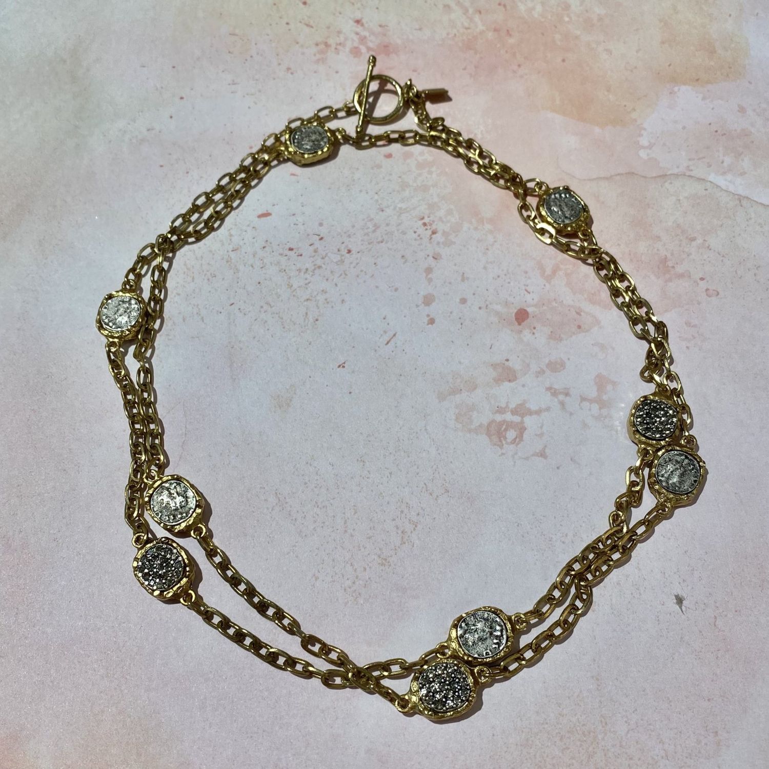 Gold Pavia Pave &amp; Coin Frame Station Necklace