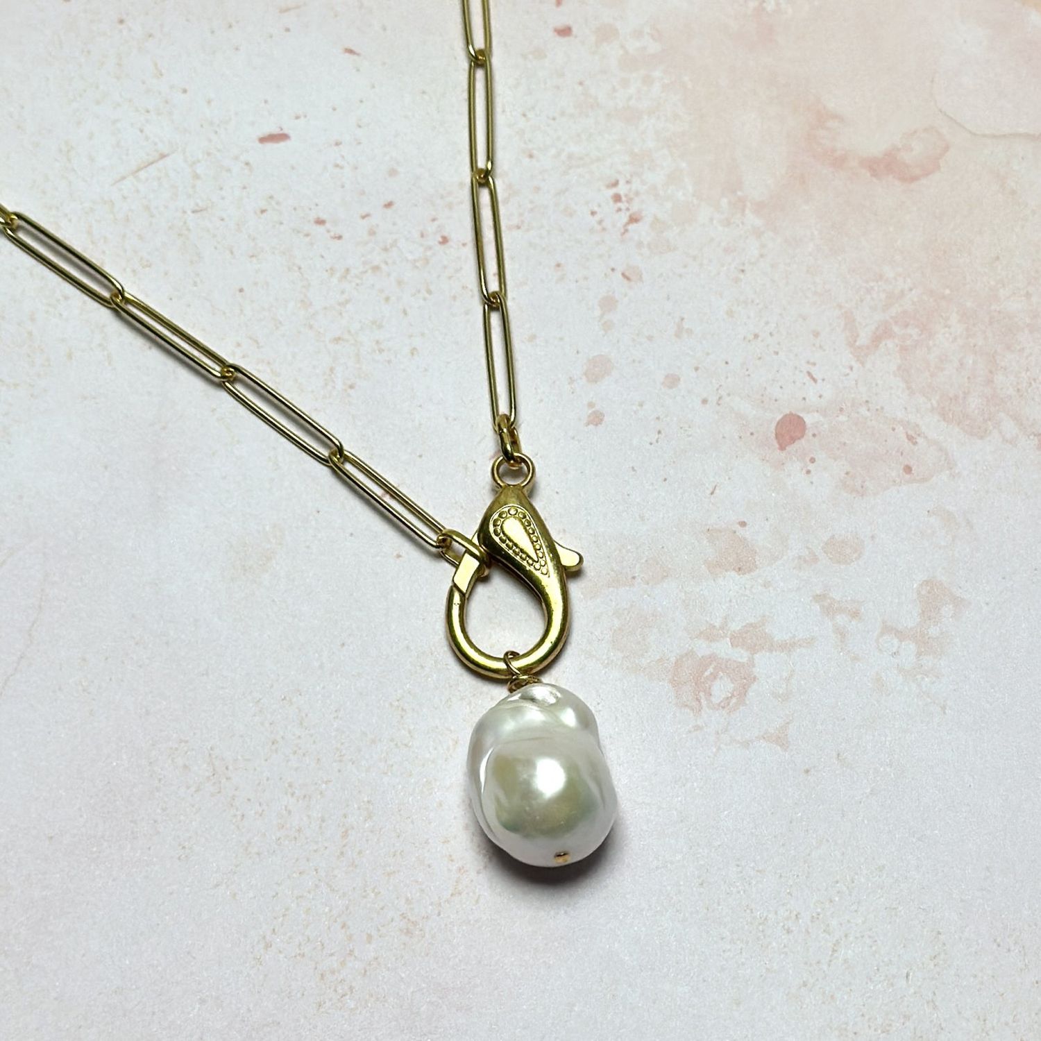 Giant Pearl and Paperclip Chain Necklace