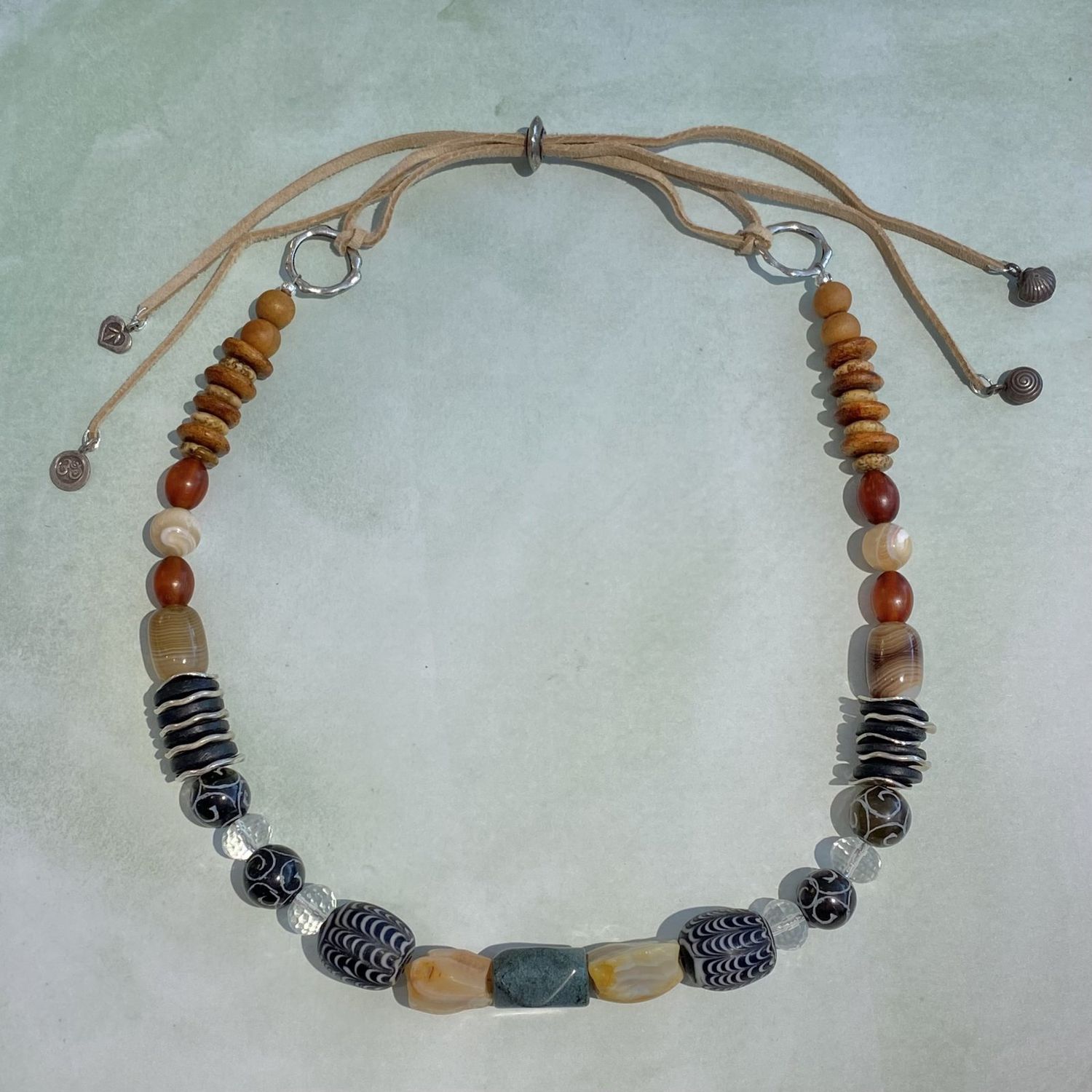 Stone River Necklace- stone, wood, crystal and Sterling with adjustable Suede tie