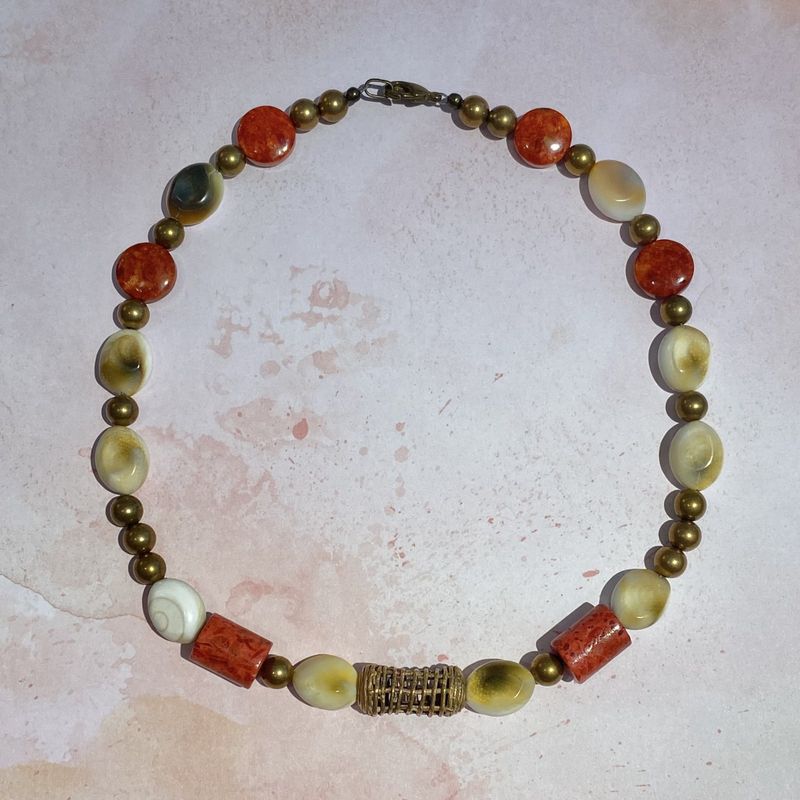 Red Gemstone &amp; White Shell Necklace with Brass Beads