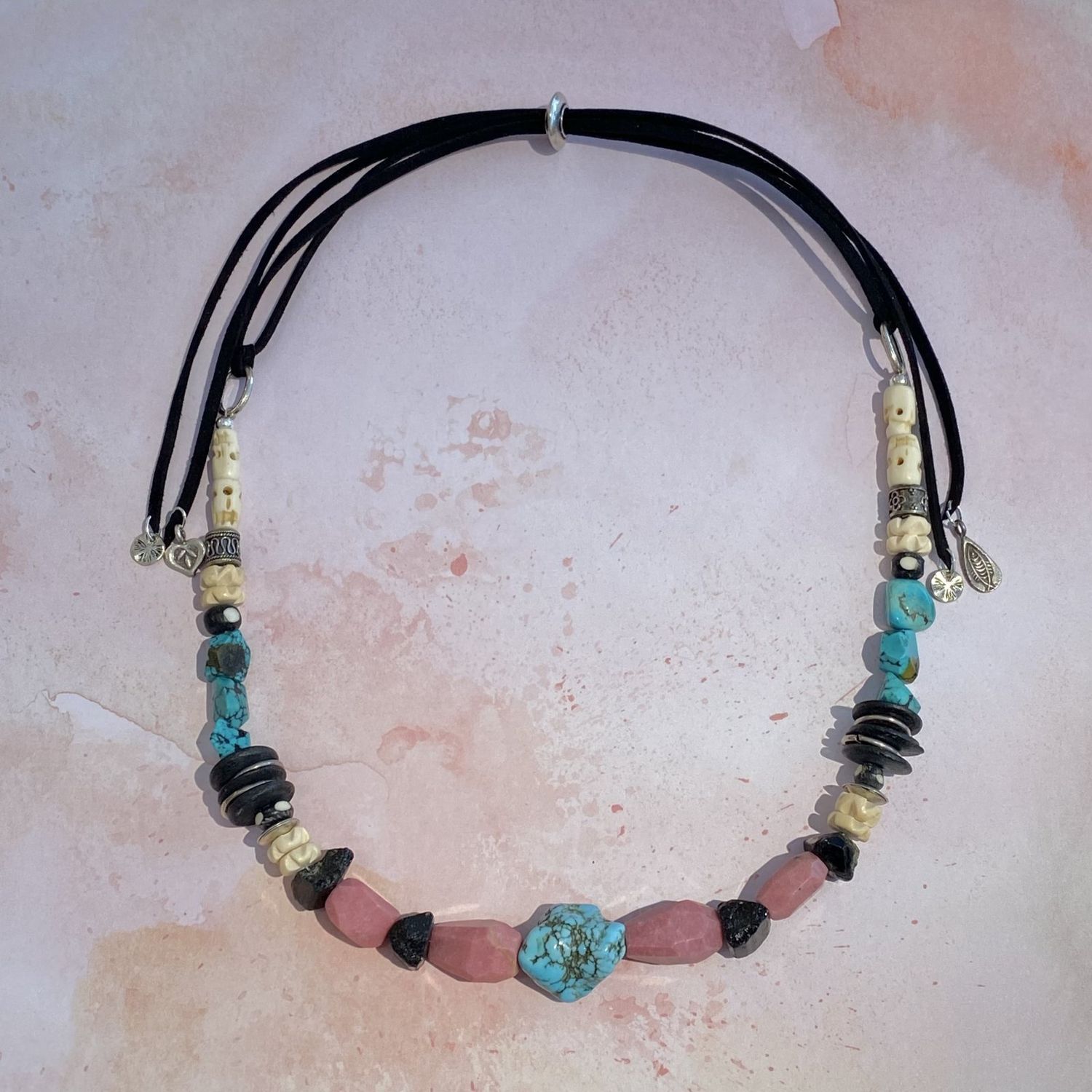 Good and Plenty Necklace: Turquoise, Bone, Agate and Glass on Adjustable Black Suede Tie