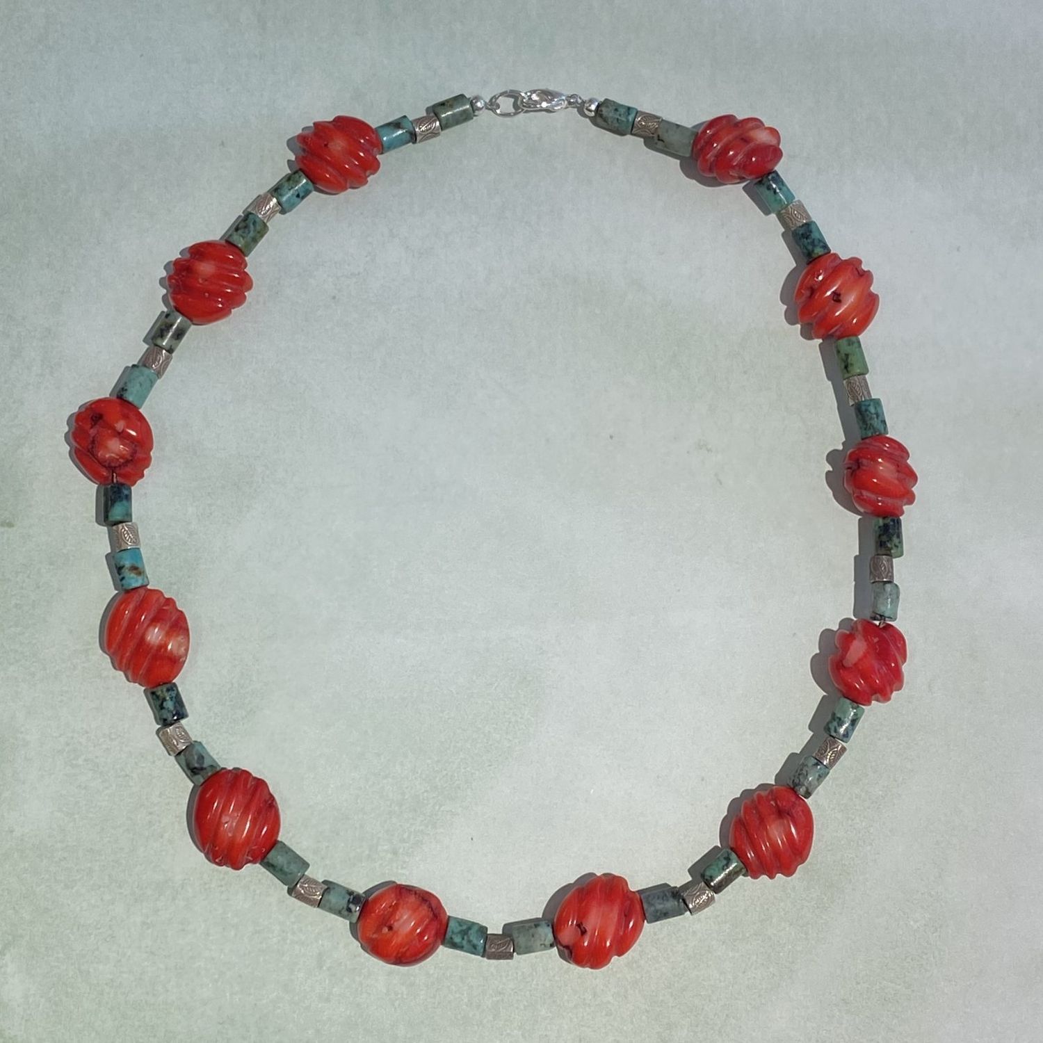 Turquoise &amp; Red Shell Necklace with Sterling Silver Beads