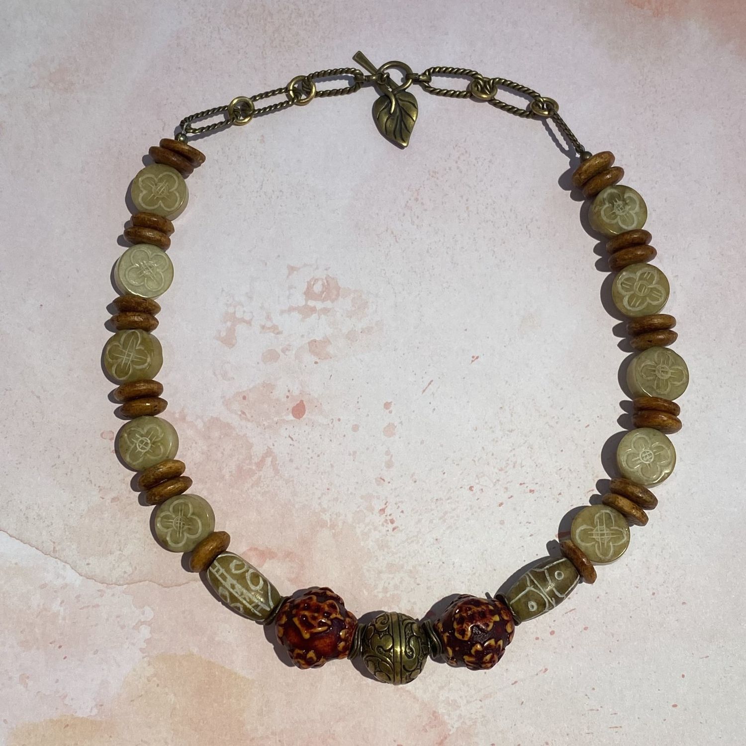 Flower Engraved Stones with Wood Beads &amp; Brass Pendant