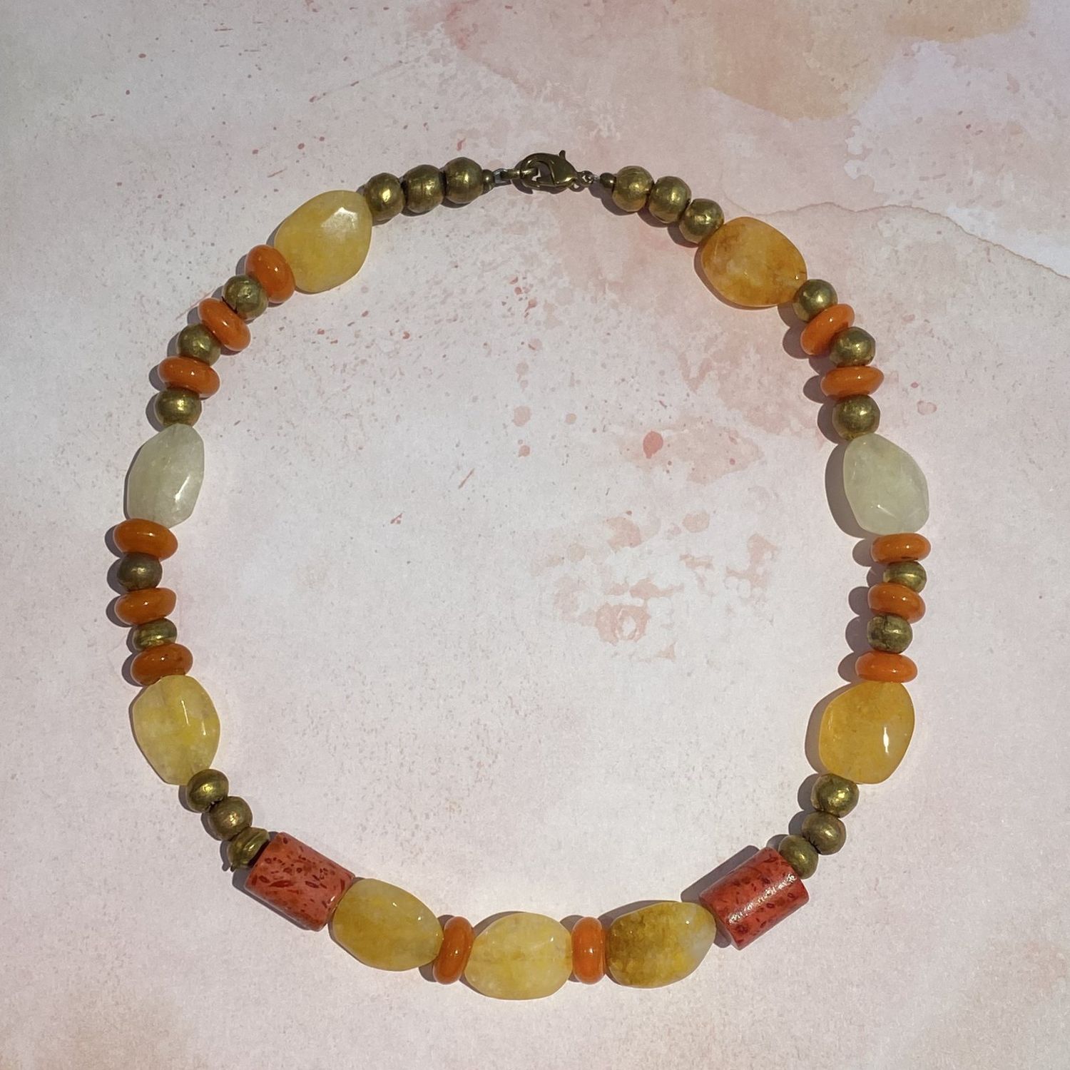 Orange &amp; Red Gemstone Necklace with Brass Beads