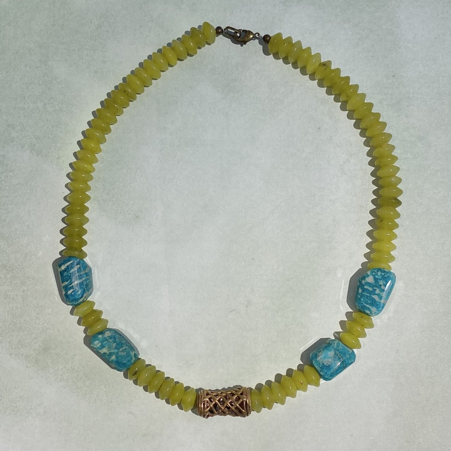 Light Green &amp; Turquoise Necklace with Brass Bead