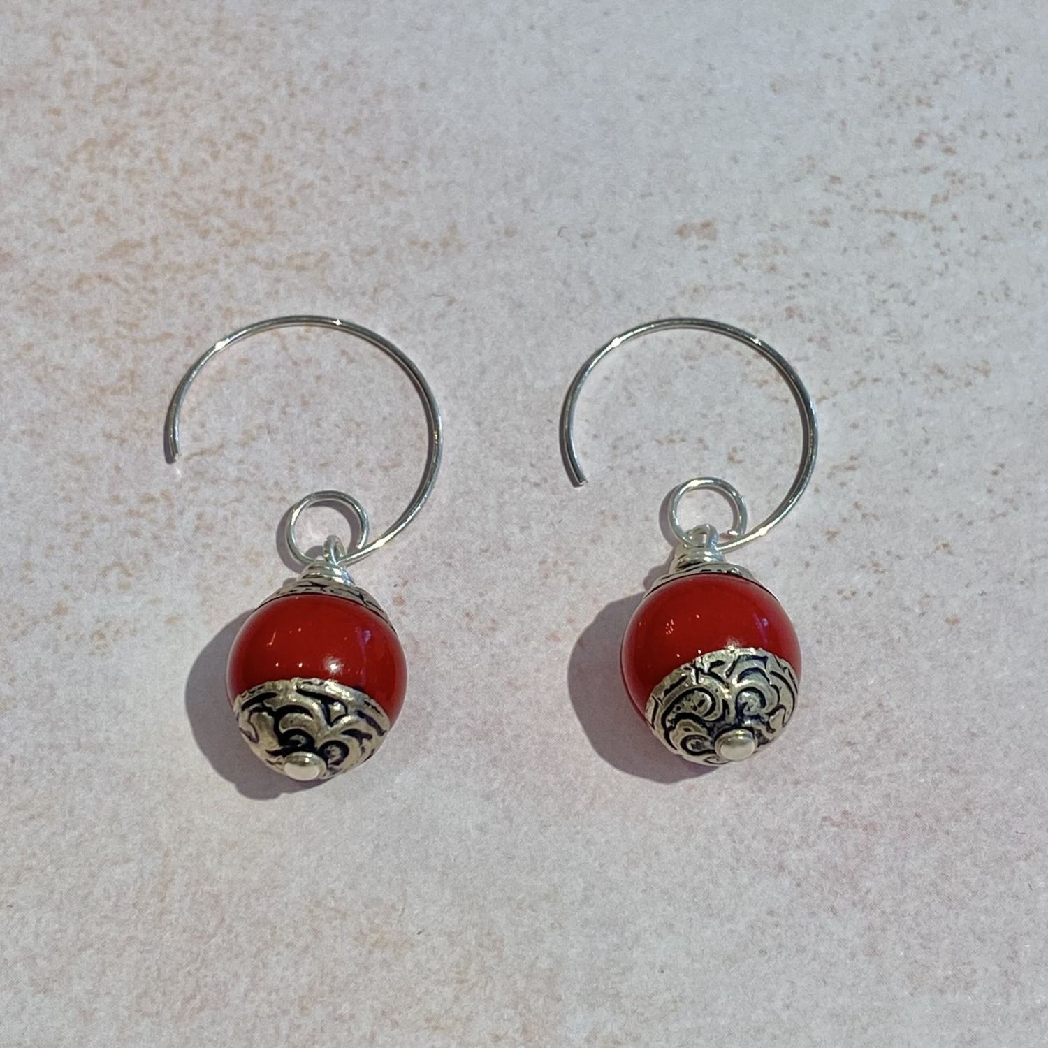 Red Beaded Earrings with Silver