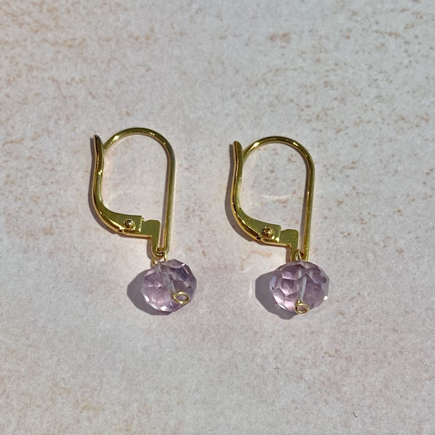 Small Light Amethyst Gold Lever Back Earrings