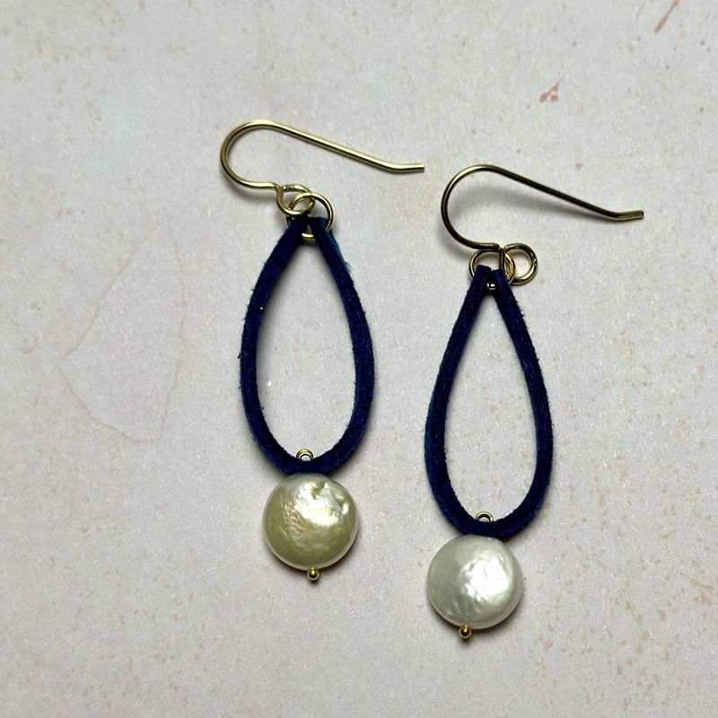 Blue Suede &amp; Coin Pearl Earrings