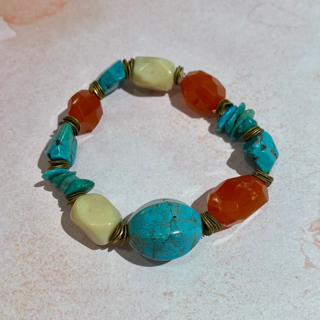 Turquoise, Carnelian, and Agate Bracelet with Brass Accent Discs