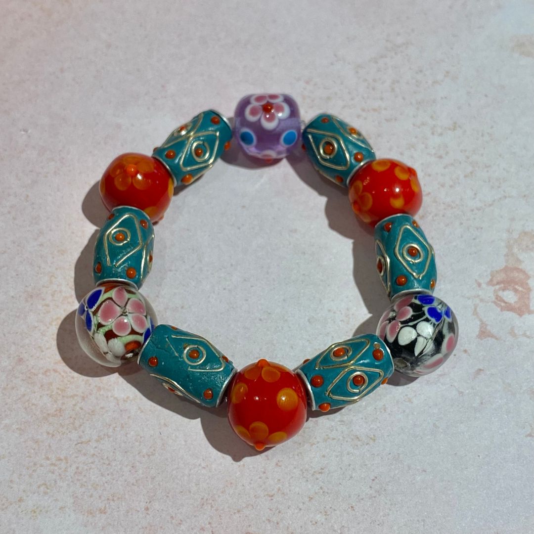 Teal &amp; Orange Murano Glass Beaded Bracelet