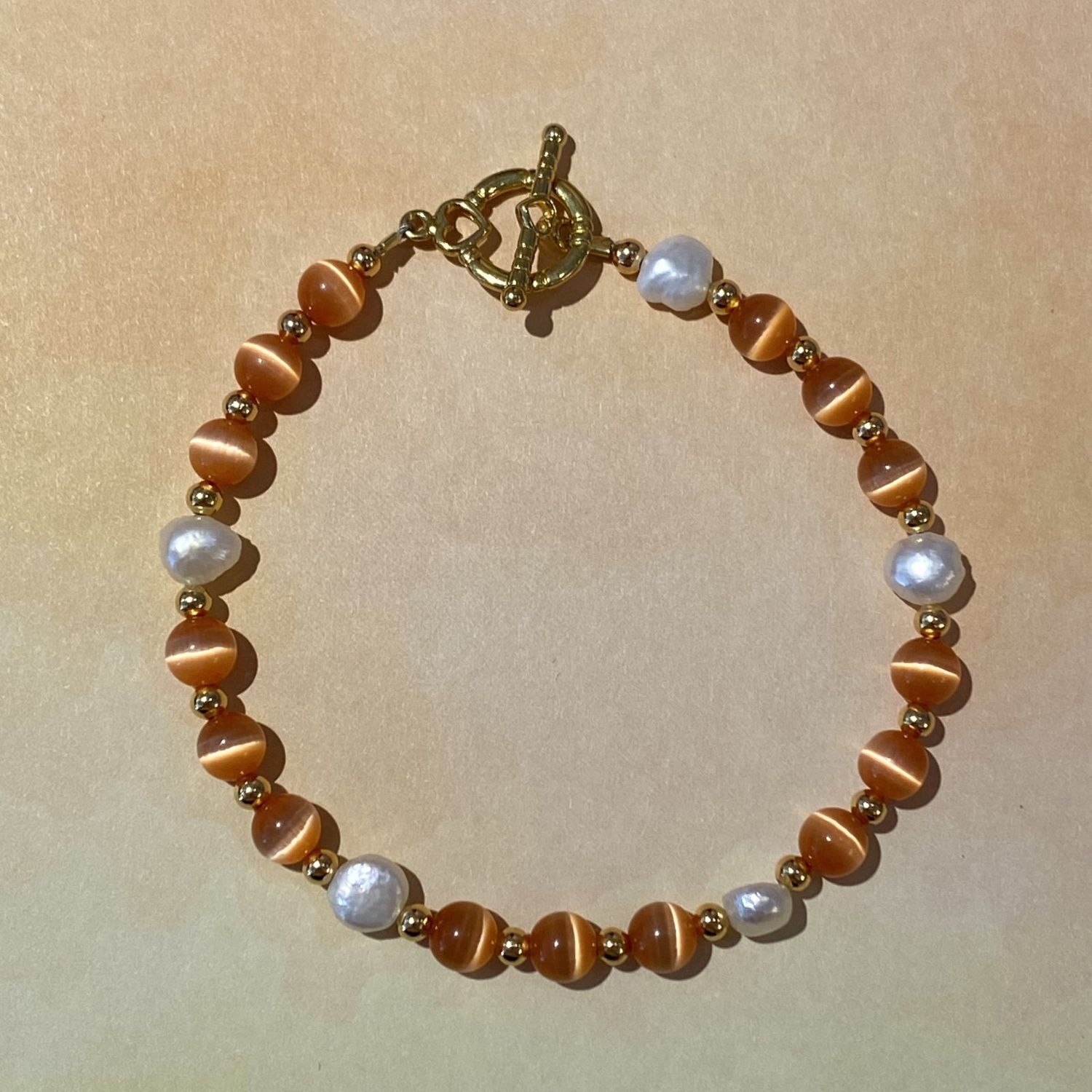 Orange Beaded &amp; Freshwater Pearl Bracelet