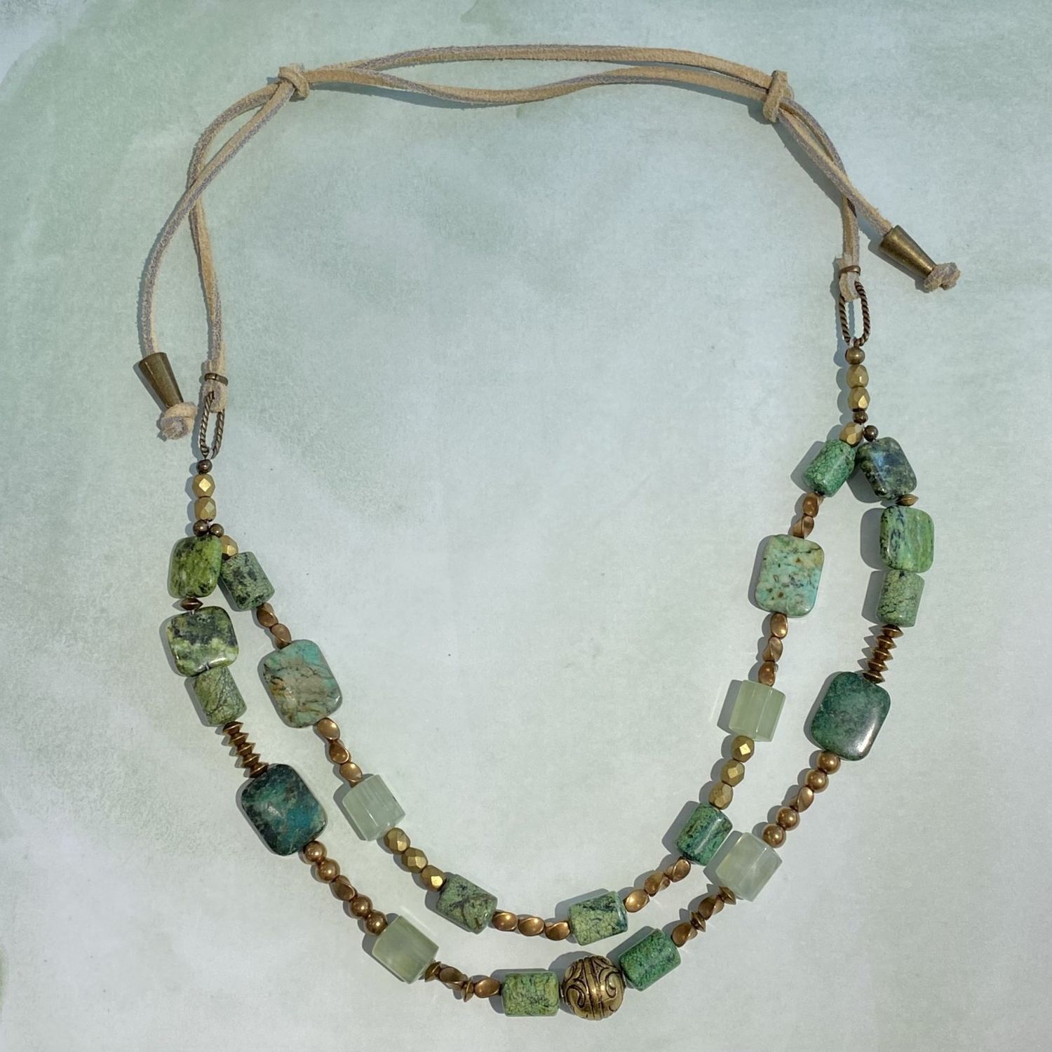 African Turquoise and Stone Necklace with Adjustable Suede and Brass Tie