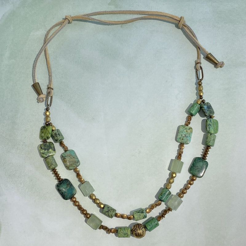 African Turquoise and Stone Necklace with Adjustable Suede and Brass Tie