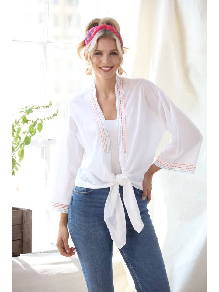 White Shrug with Kantha Stripe Neck