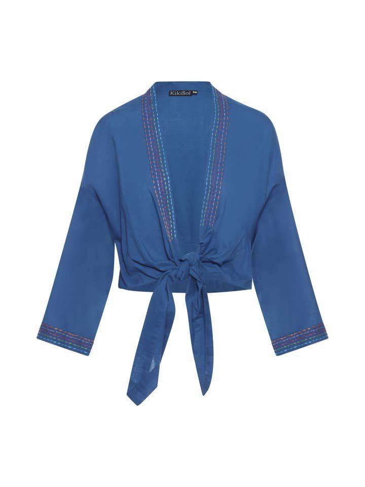 Royal Blue Shrug with Kantha Stripe Neck