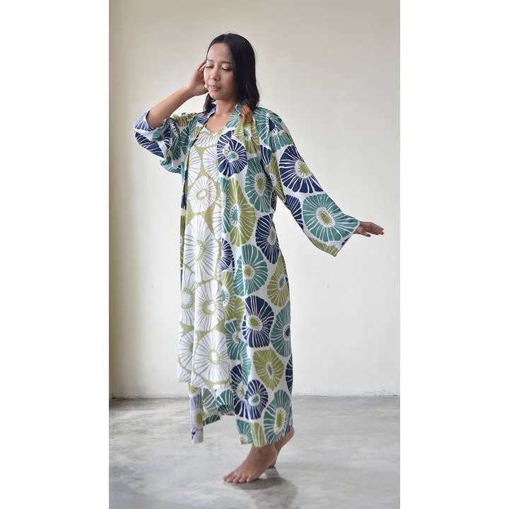 Kimono Robe Retro Flower Green/Blue