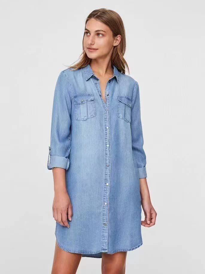 Light Blue Denim Long Sleeve Button Down Pocket Dress