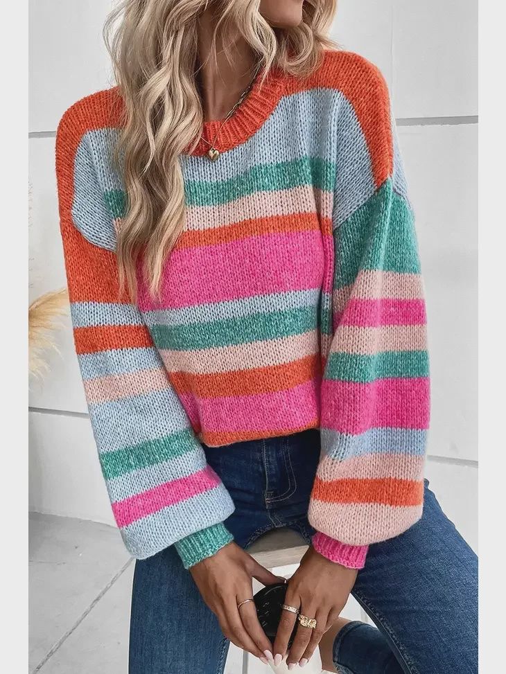 Striped Knit Drop Shoulder Puff Sleeve Sweater