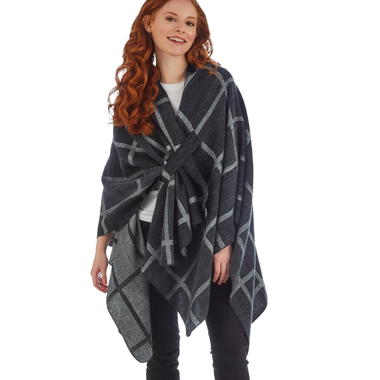 Oversized Check Print Asymetric Shawl
