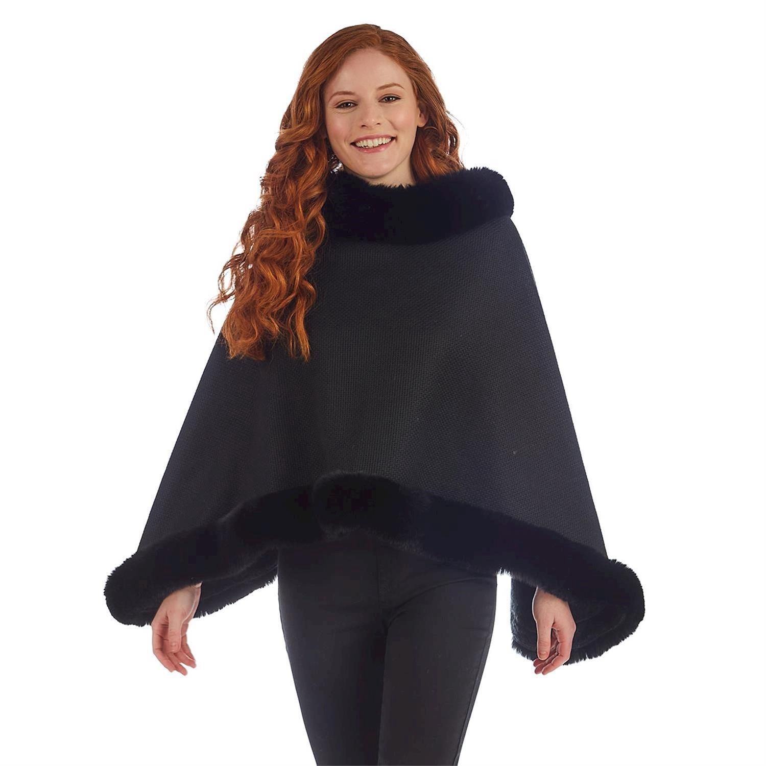 Black Shawl with Fleece Lining and Black Fur Trim