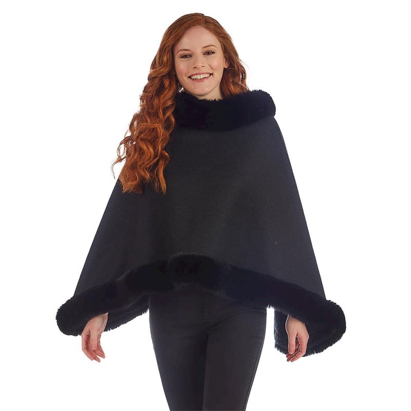 Black Shawl with Fleece Lining and Black Fur Trim