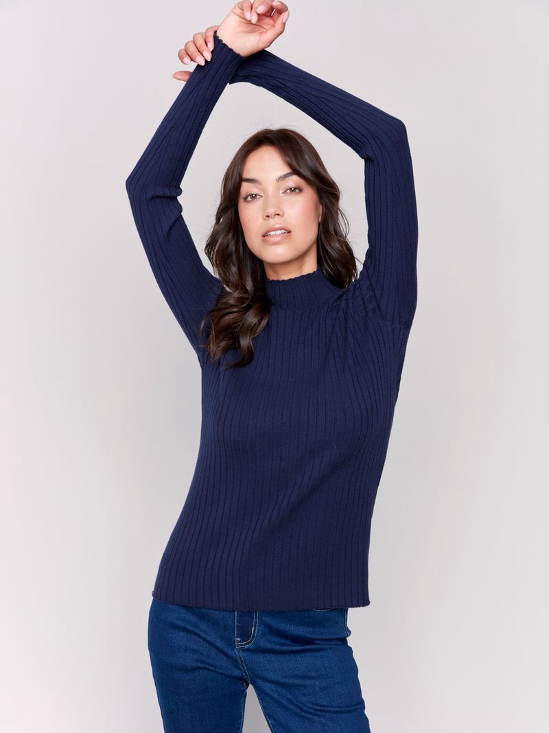 Mock Neck Ribbed Fine Sweater Knit