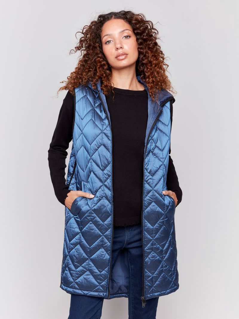Hooded Long Sleeveless Quilted Vest With Pockets