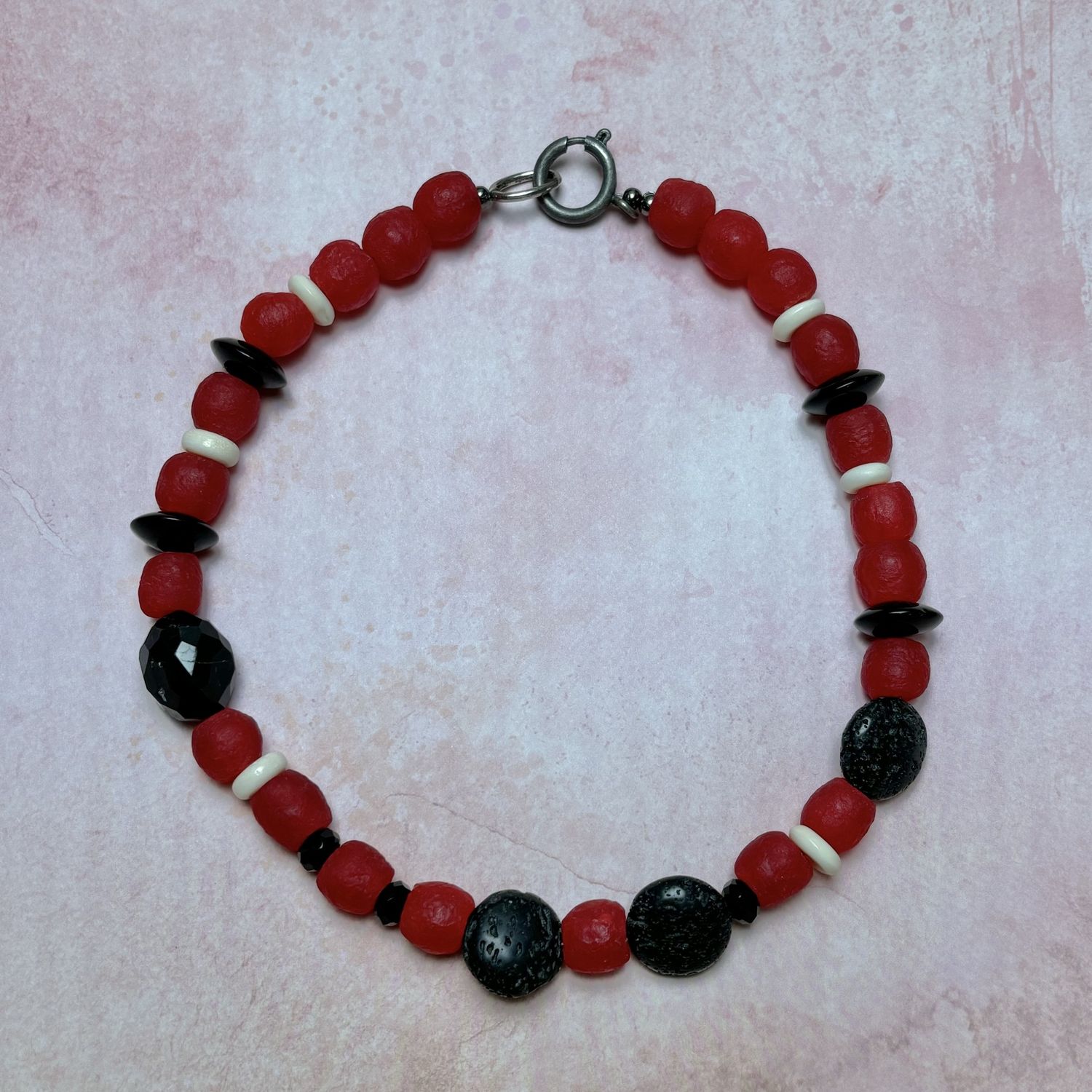 Red Recycled Glass Beads &amp; Black Lava Stone Necklace