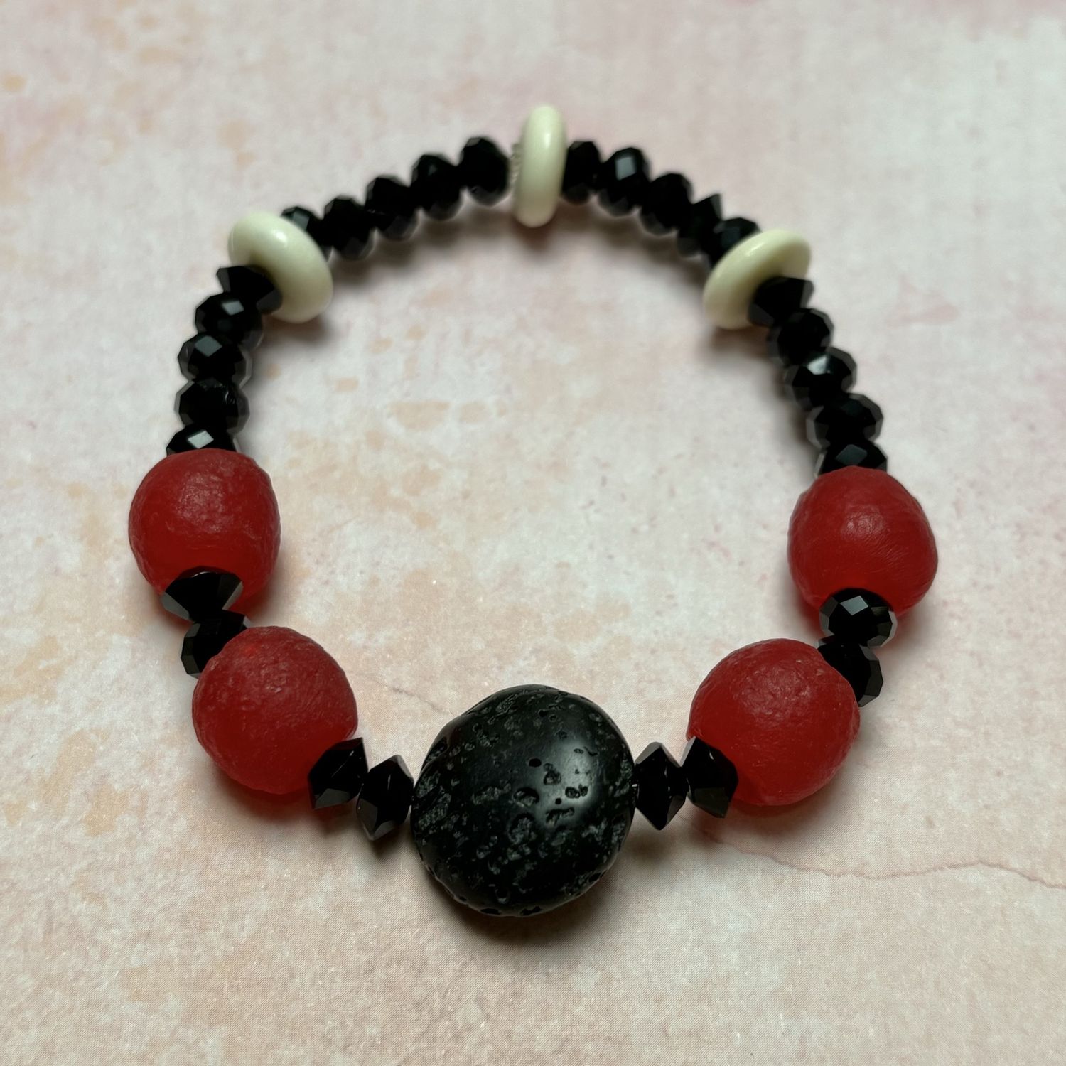 Red Recycled Glass Beads &amp; Black Lava Stone Bracelet