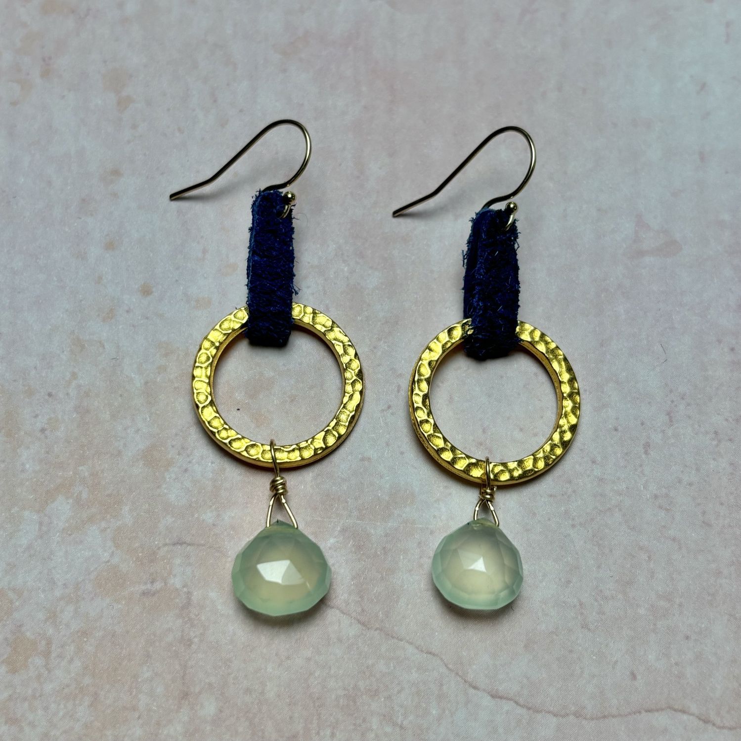 Blue Suede Leather, Gold Hoop &amp; Gemstone Drop Earring