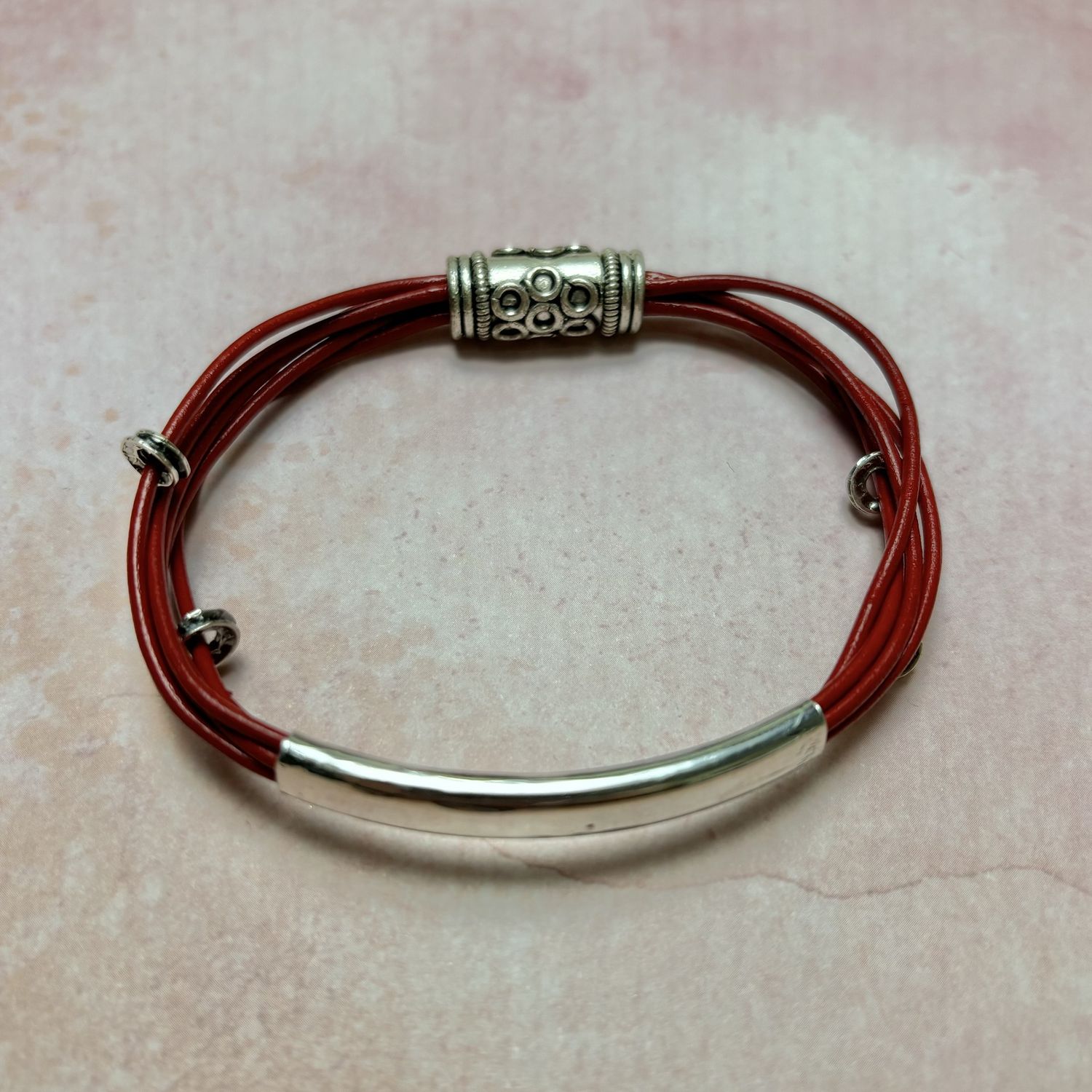 Red Leather &amp; Sterling Silver Bar Bracelet