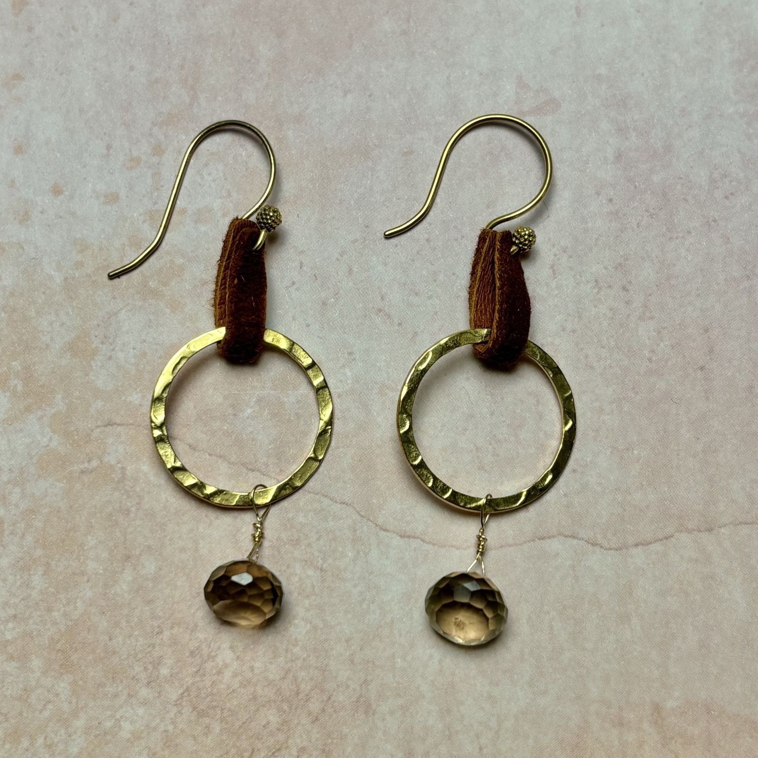 Brown Suede Leather, Gold Hoop &amp; Gemstone Drop Earring