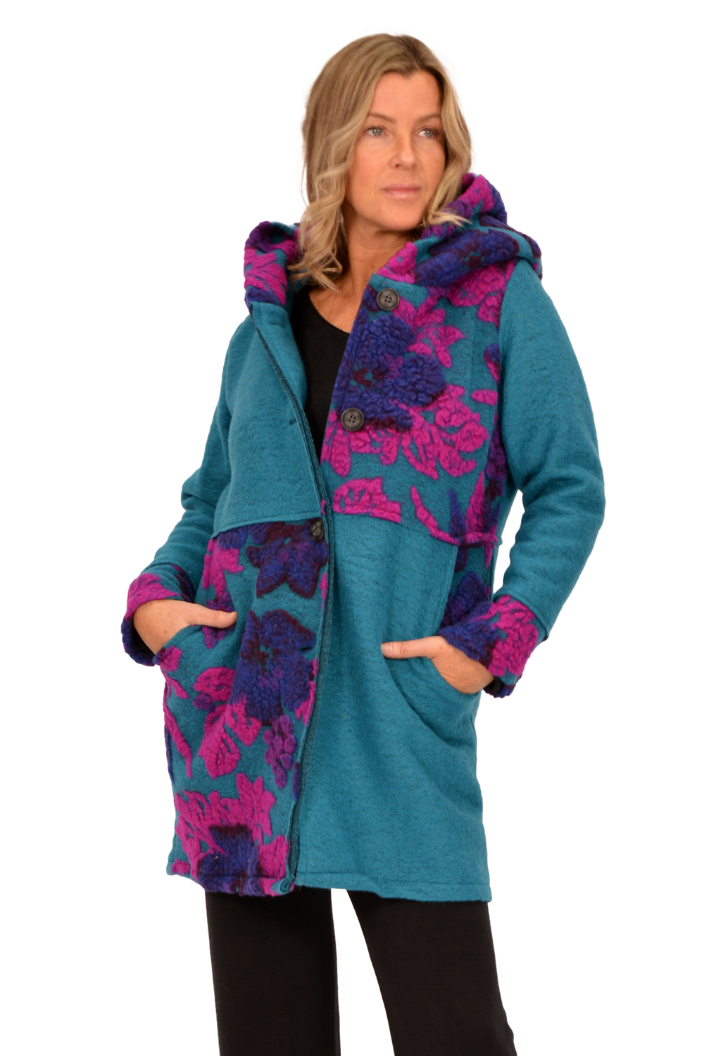 Teal Patterned Coat with Buttons