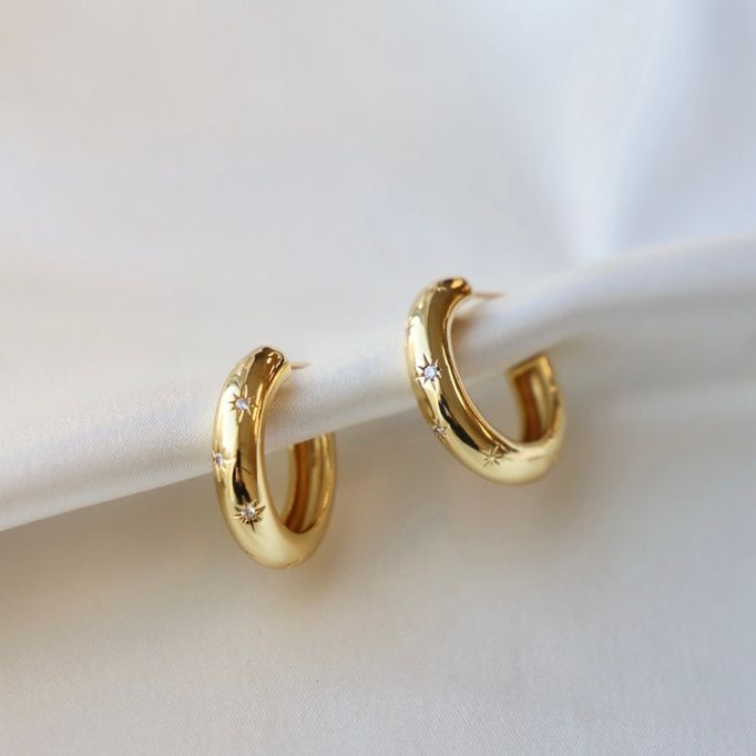 Gold CZ Star Thick Hoop Earrings