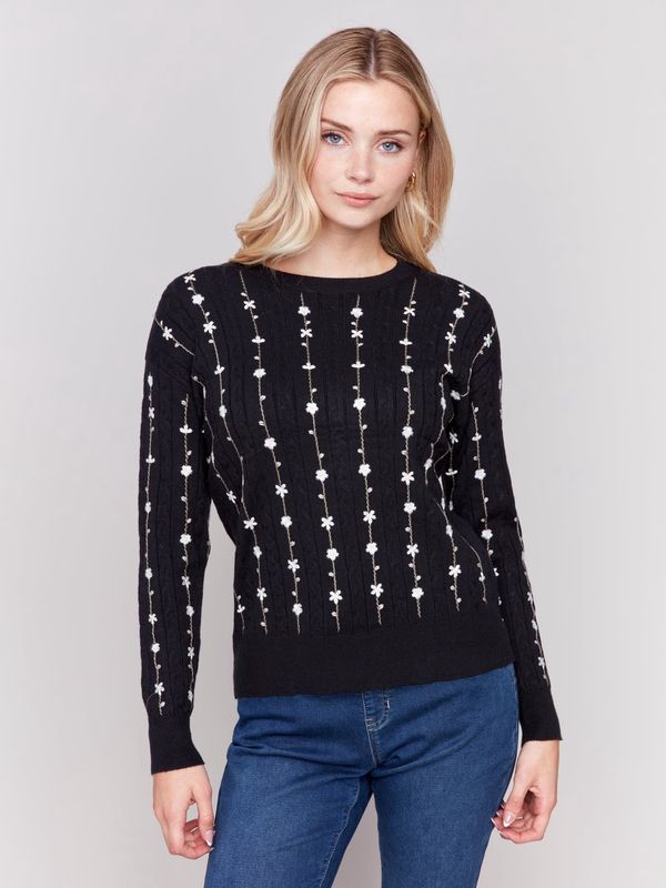 Black and White Flower Embroidered Sweater