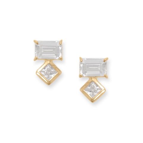 14kt Gold Plated Baguette &amp; Square CZ Post Earrings